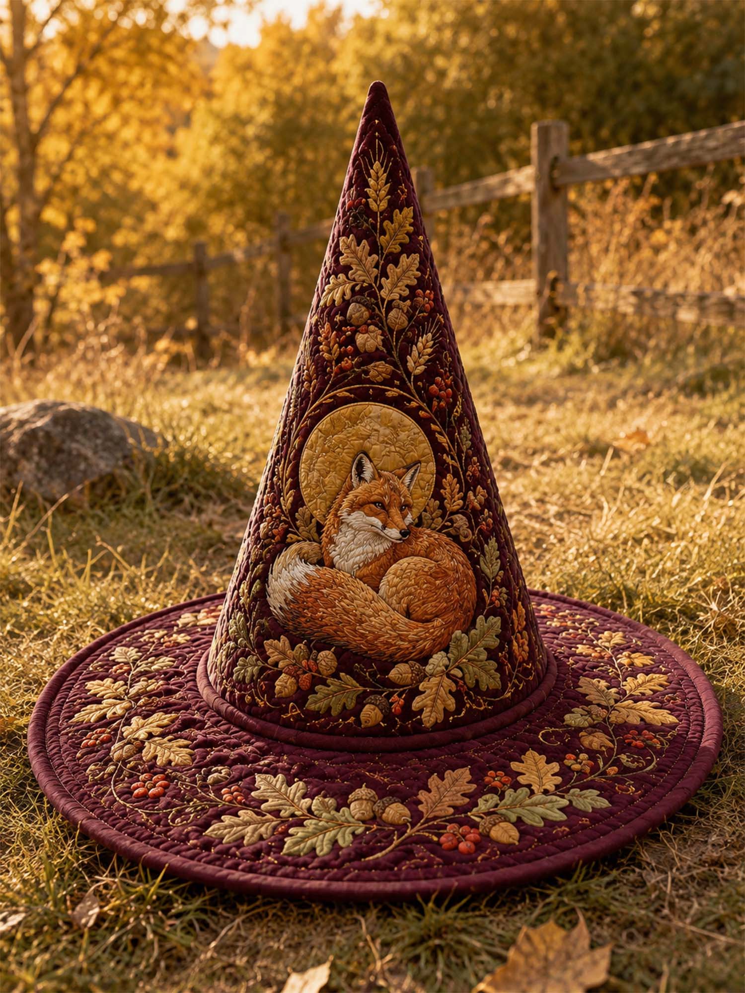 Autumn Fox Woodland Cottage Handcrafted Quilted Witch Hat