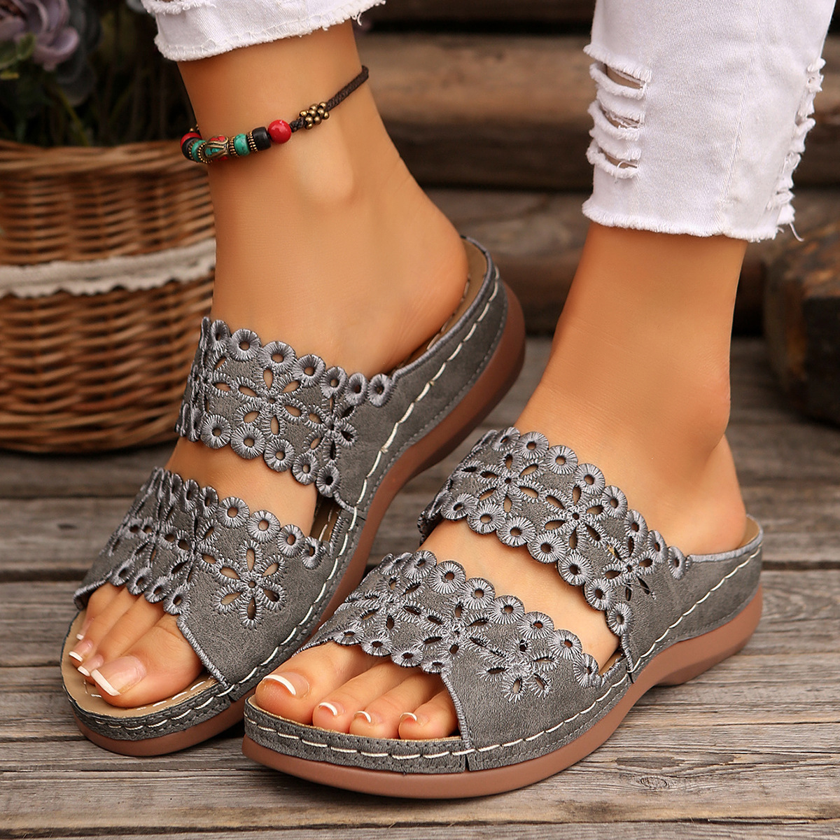 Hollow Embroidery Platform Slides with Built-In Arch Support & Slip On Convenience