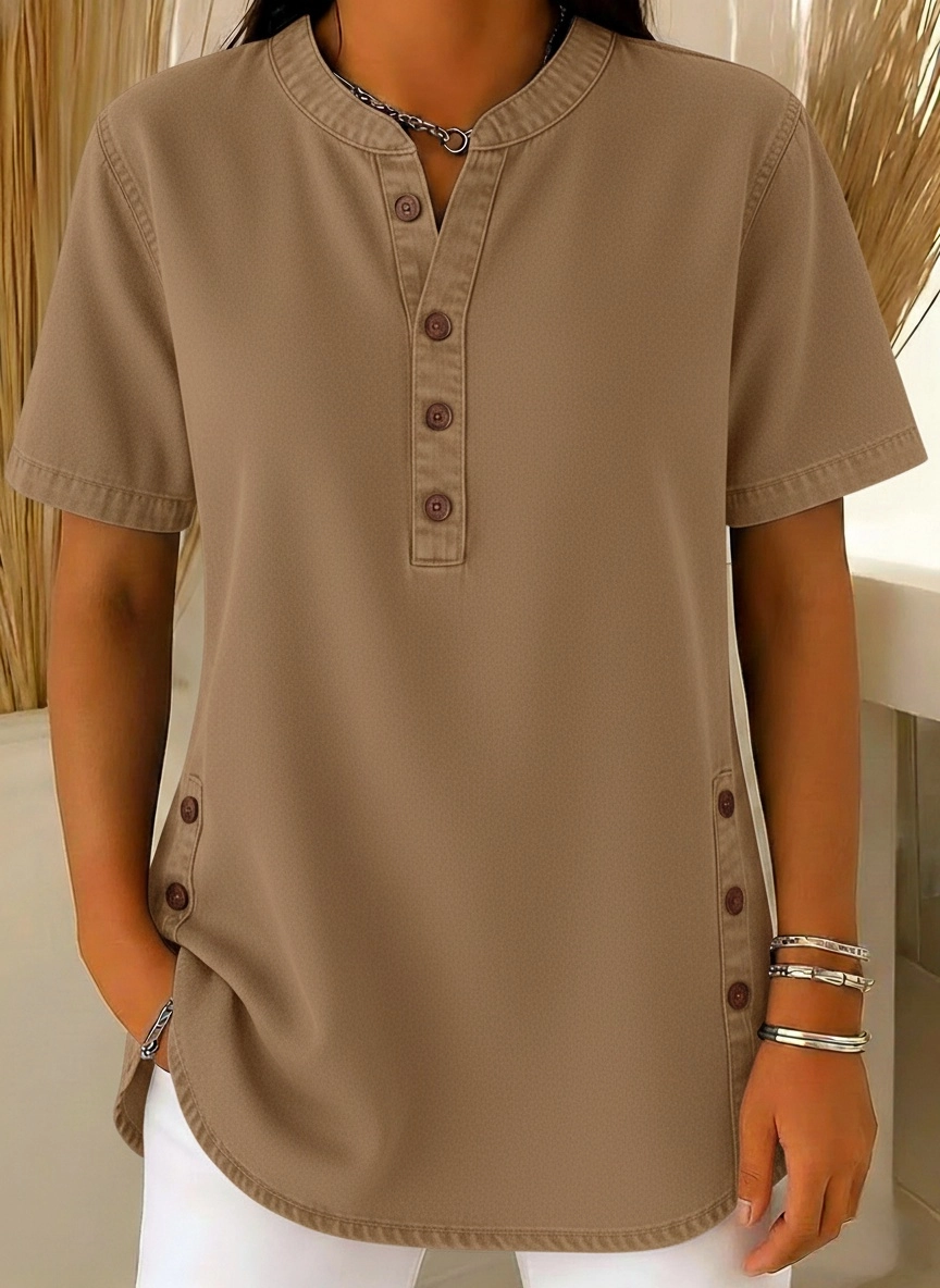 NEW🔥Women's V-neck short-sleeved Casual Button-up Loose Denim Top