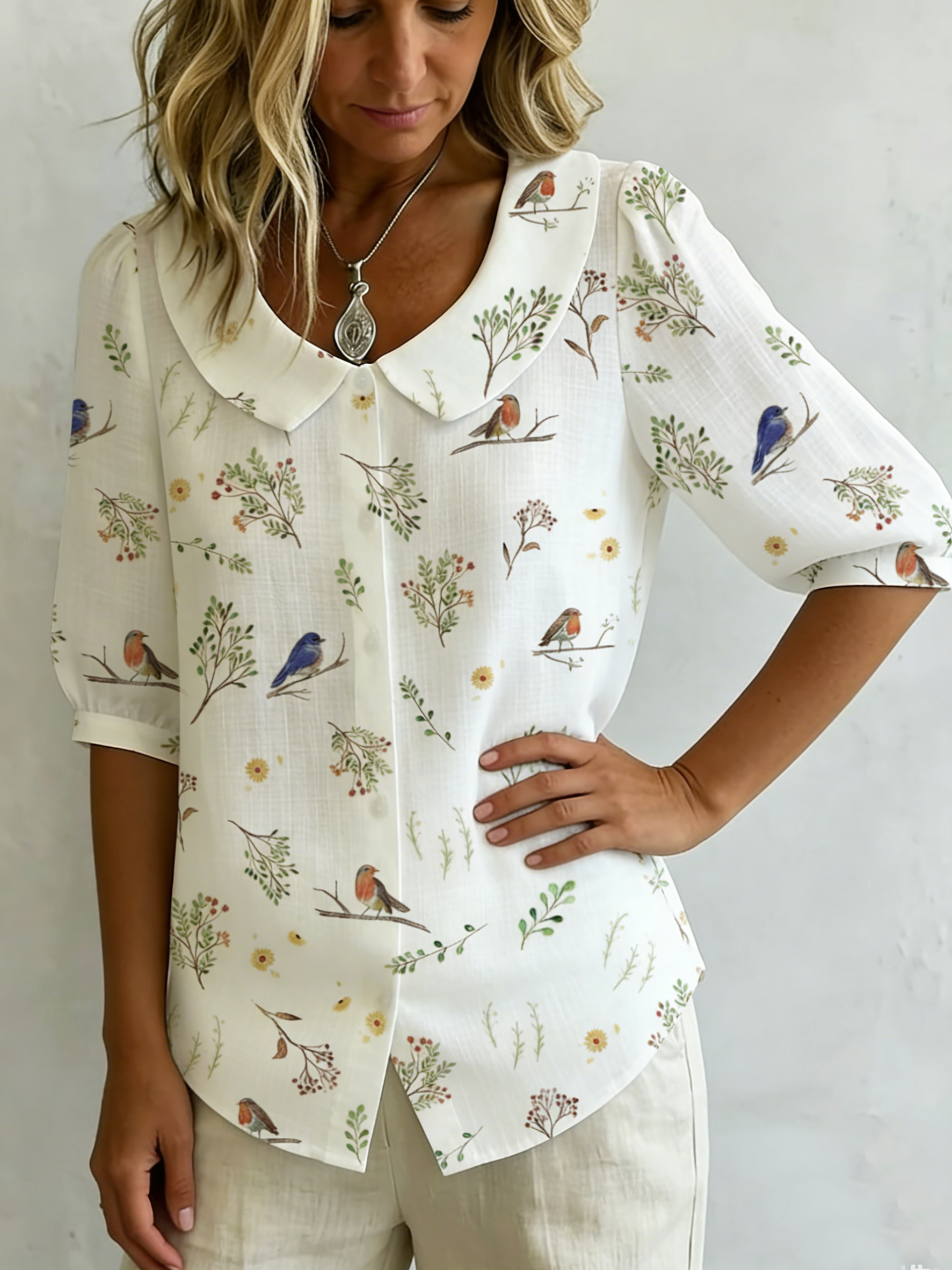 "Forest Whispers" Peter Pan Collar Linen-Cotton Shirt