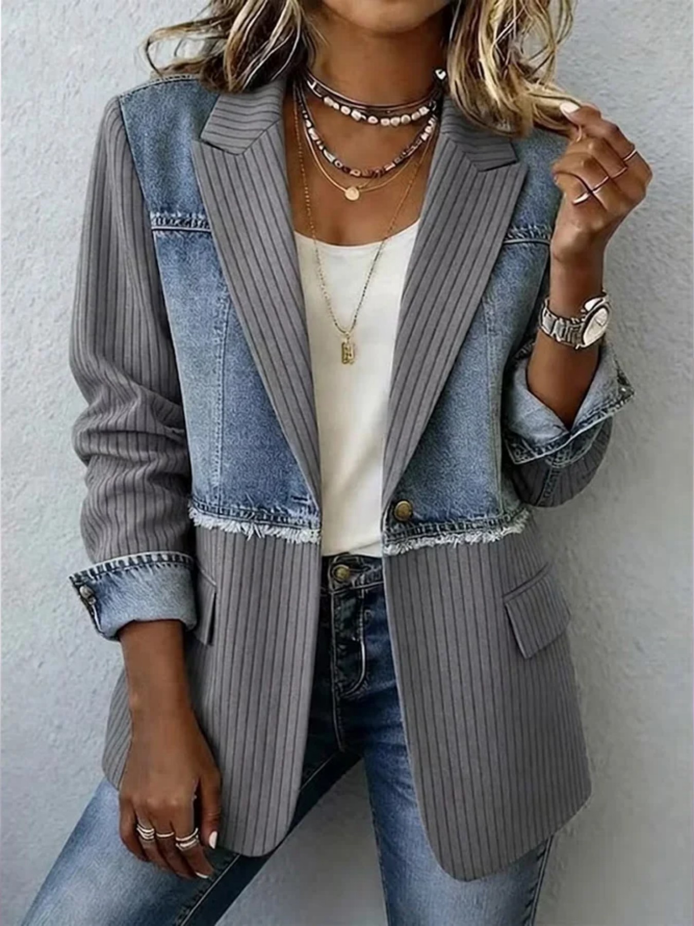Women's Denim Patchwork Striped Blazer