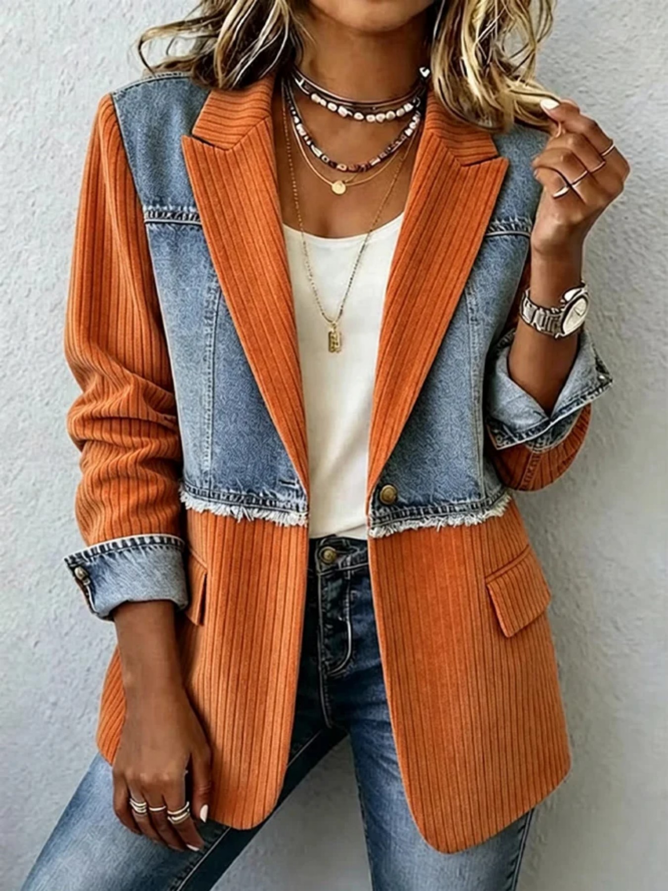 Women's Denim Patchwork Striped Blazer