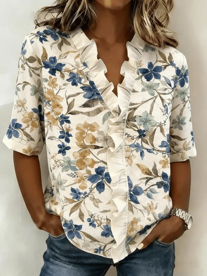 New Arrivals🔥 Women'S Casual Vintage Flower Art Print Printed Linen Cotton Shirt   