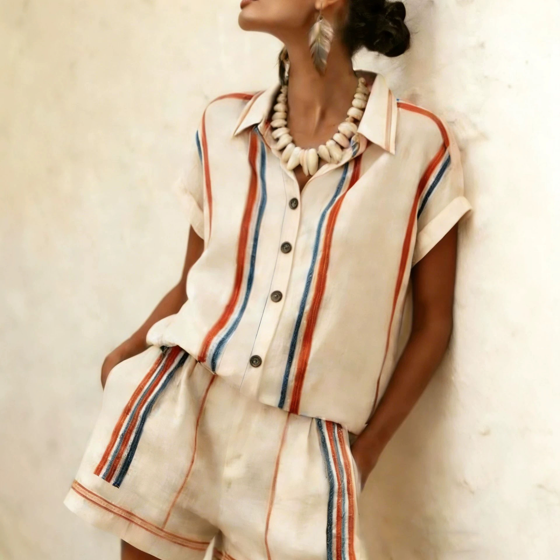  Coastal Striped Linen Short Two-Piece Set