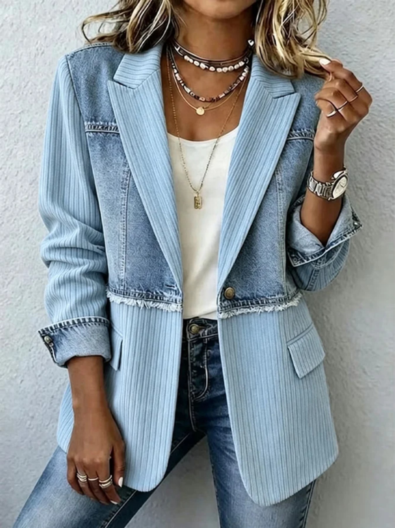 Women's Denim Patchwork Striped Blazer