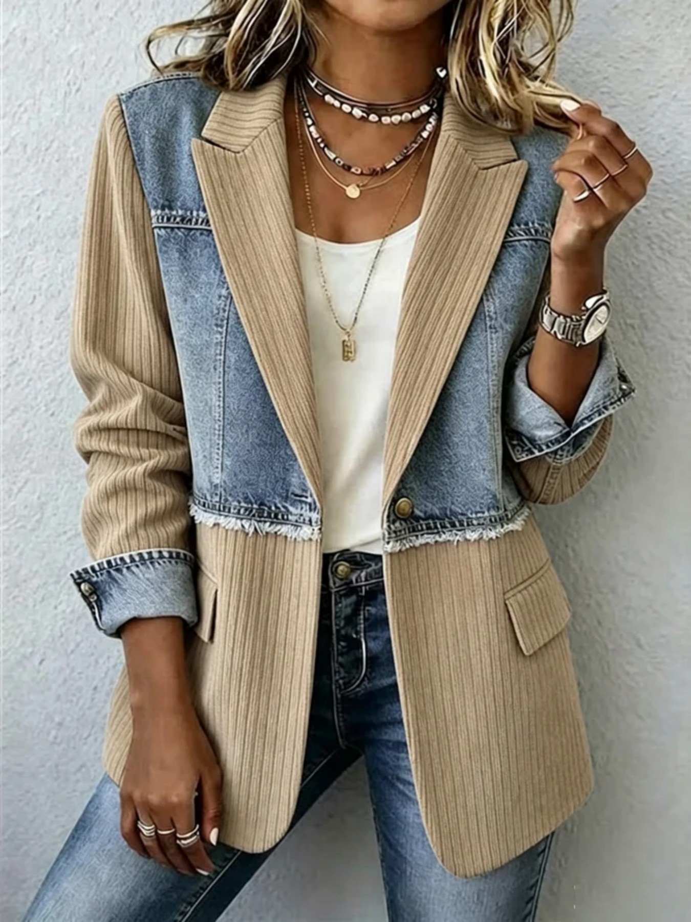 Women's Denim Patchwork Striped Blazer