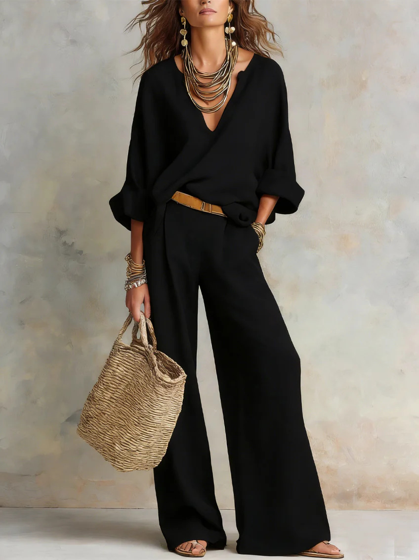 Cozy Minimalist V-neck Cotton-linen Two-piece Set