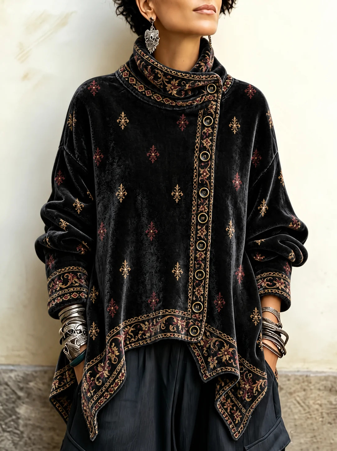 Forest Green Botanical Crushed Velvet Asymmetric Button Tunic with Funnel Neck