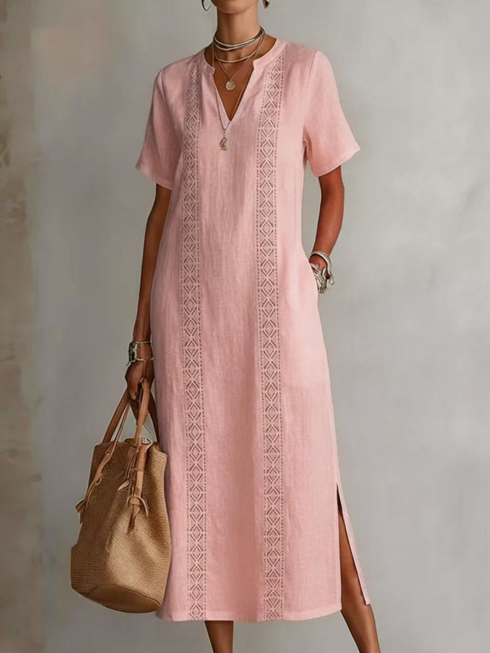 Embroidered V-Neck Midi Dress