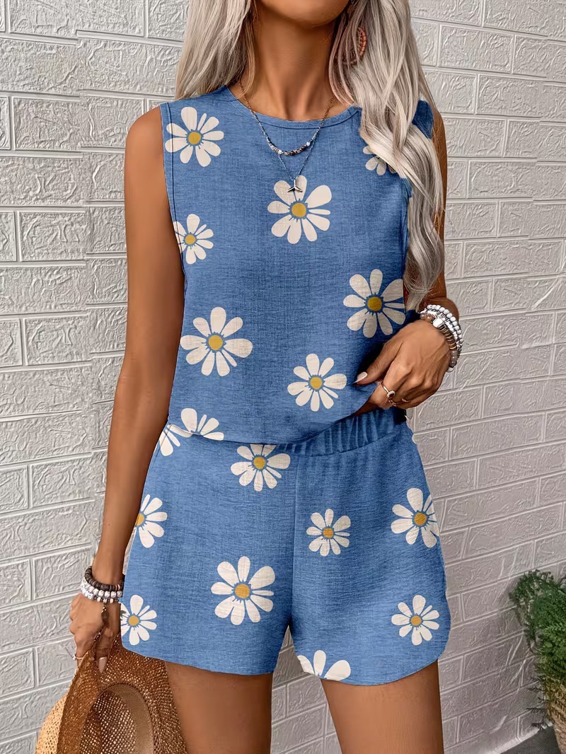 Bohemian Summer Vacation Linen  Print Two-Piece Set | Lightweight Sleeveless Top & Shorts Set