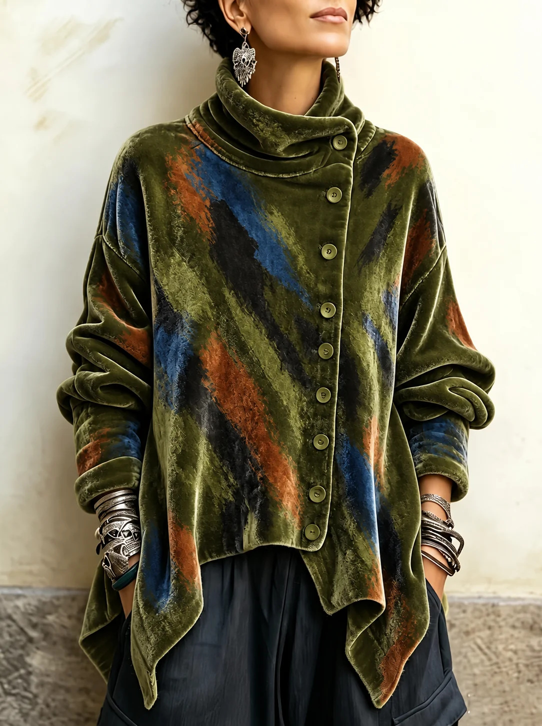 Forest Green Botanical Crushed Velvet Asymmetric Button Tunic with Funnel Neck