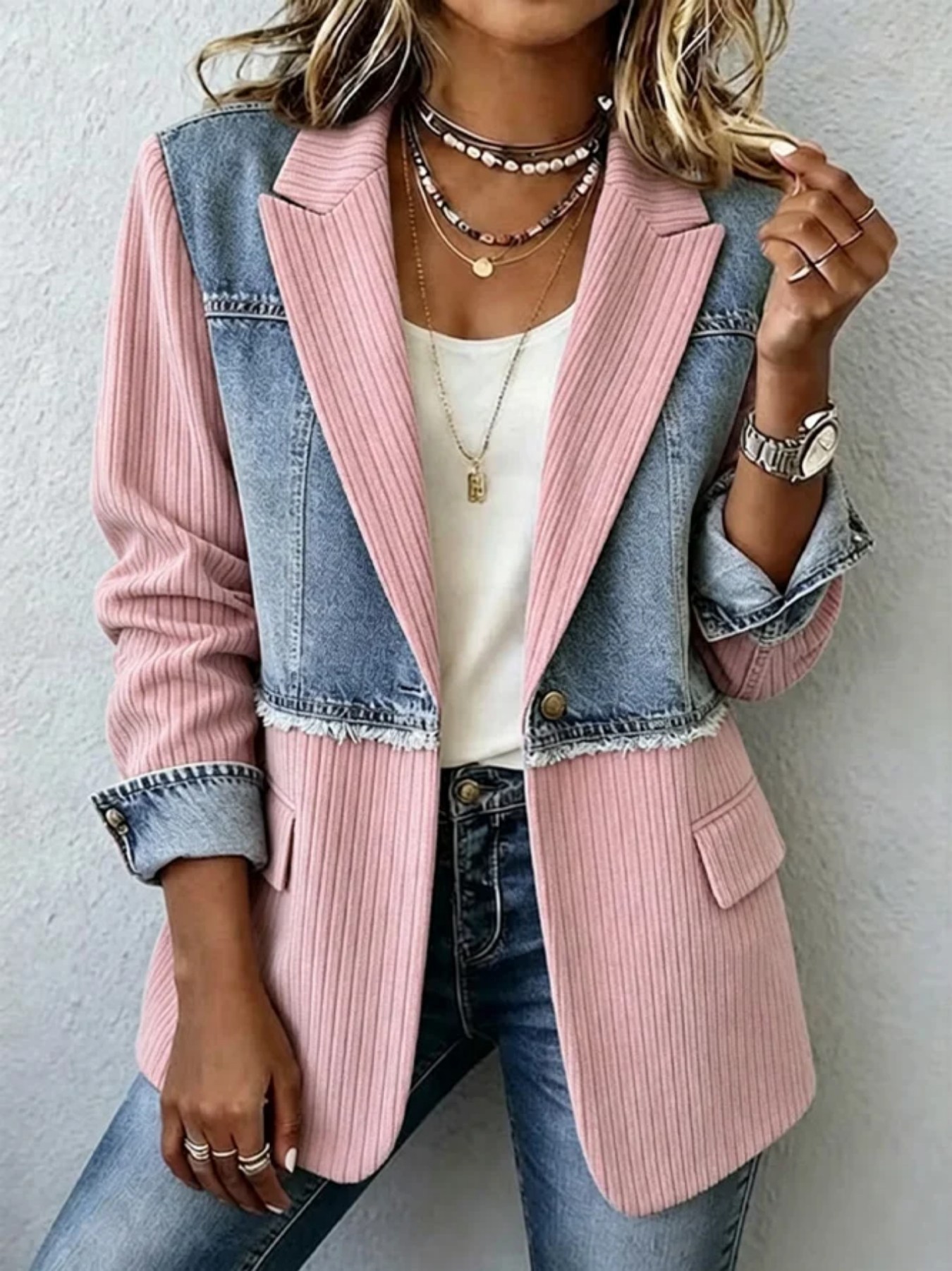 Women's Denim Patchwork Striped Blazer