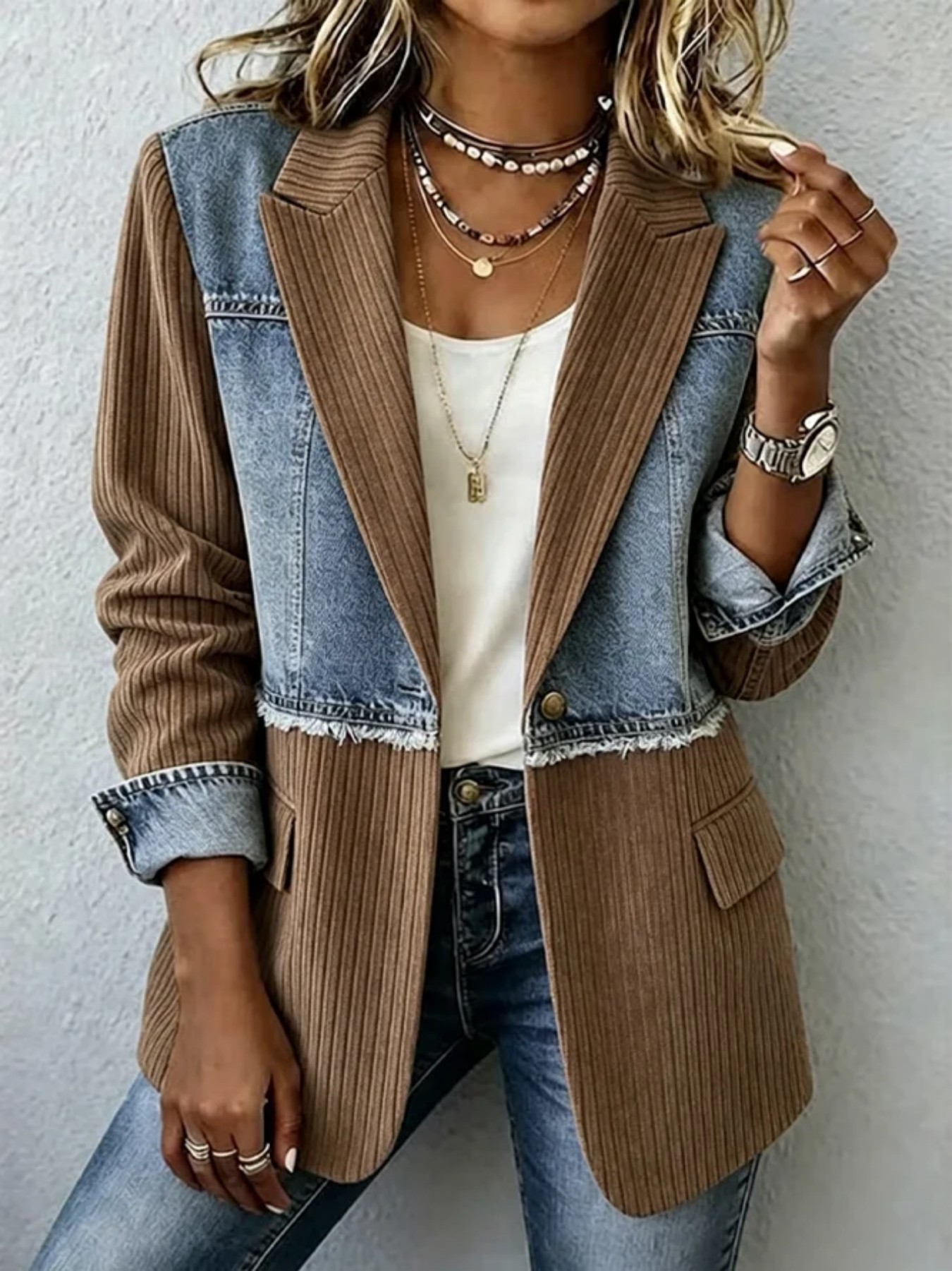 Women's Denim Patchwork Striped Blazer