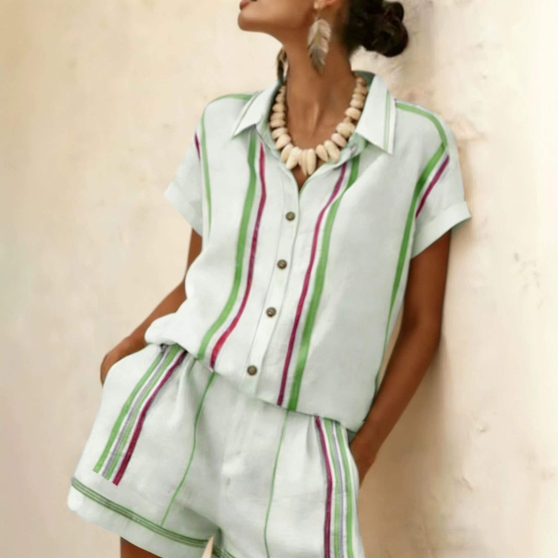  Coastal Striped Linen Short Two-Piece Set