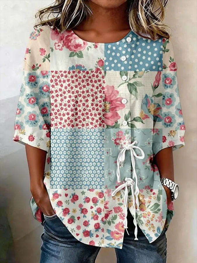 New Arrivals🔥 Women'S Casual Vintage Flower Art Print Printed Linen Cotton Shirt   
