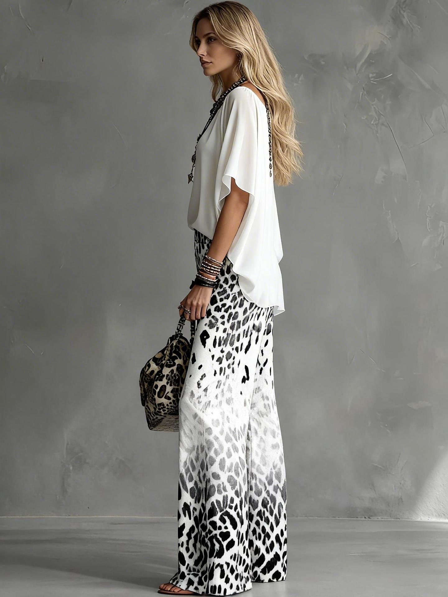 Modern And Stylish White T-shirt And Leopard Print Chiffon Pants Set