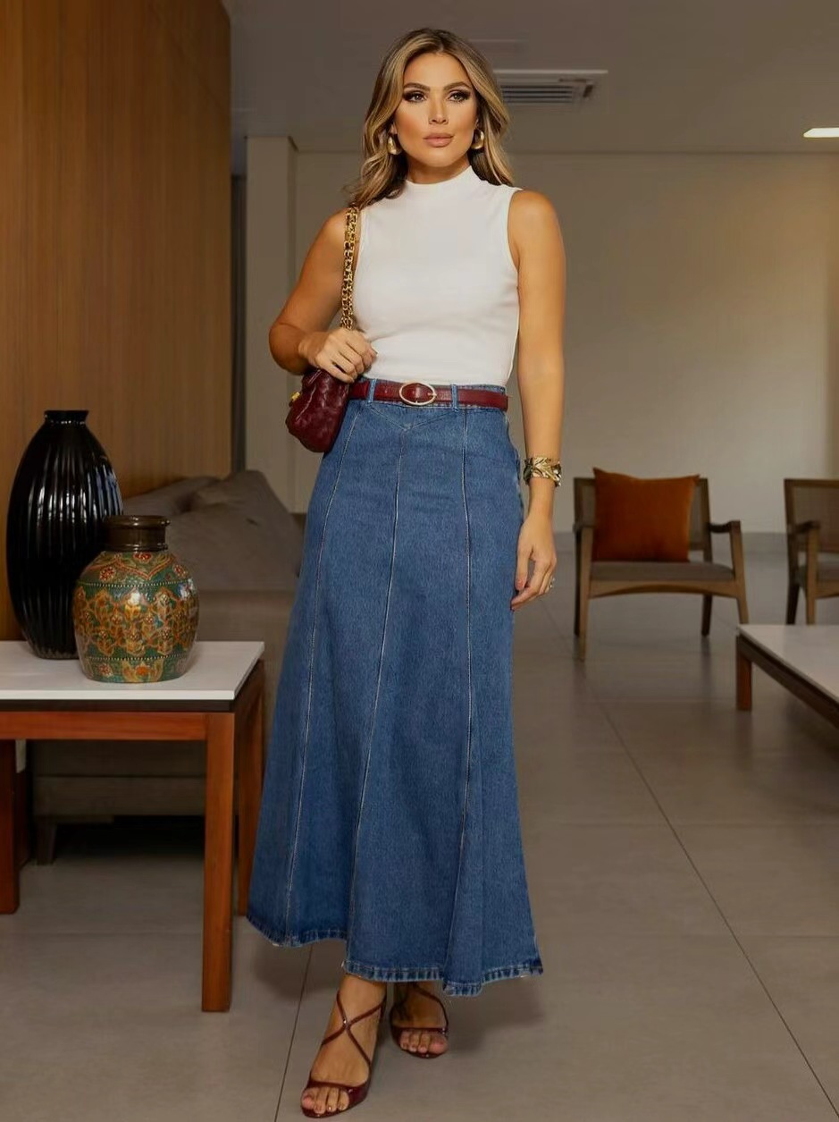 Flattering High Waist Denim Maxi Skirt