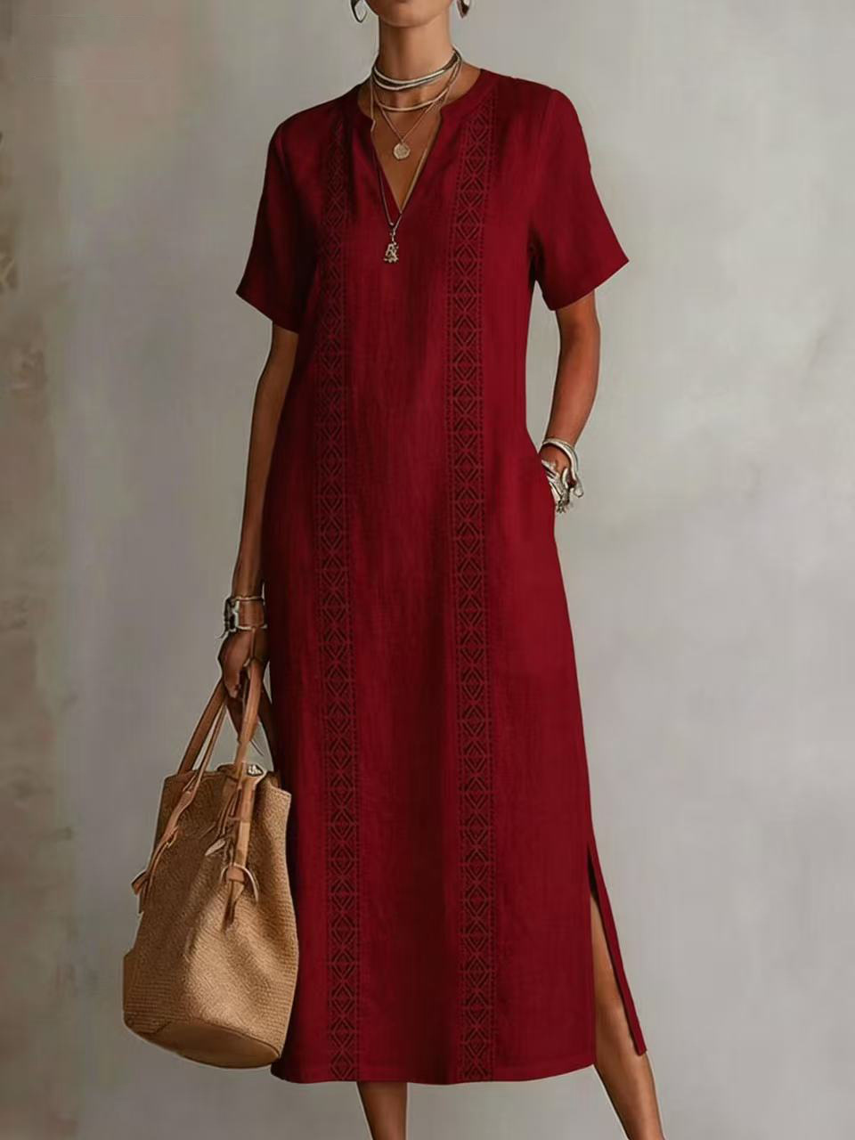 Embroidered V-Neck Midi Dress
