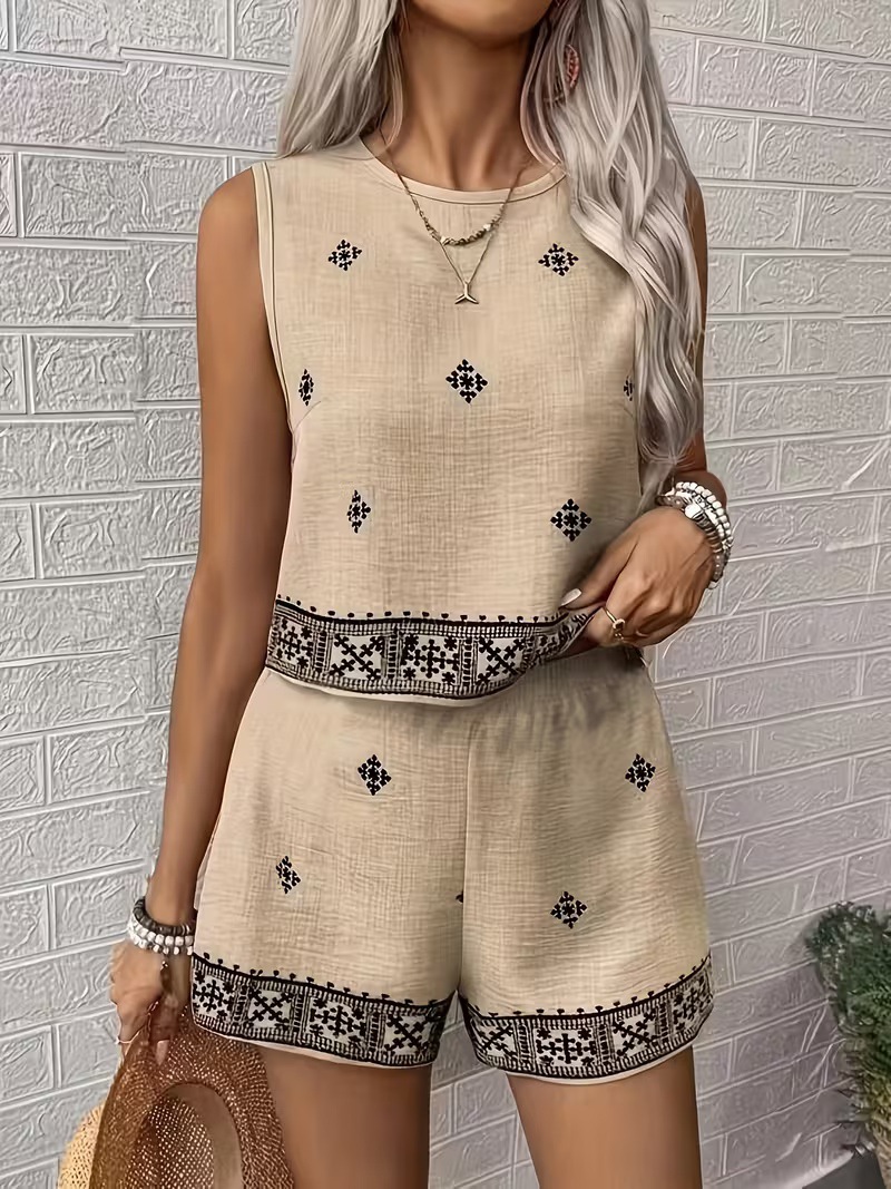 Bohemian Summer Vacation Linen  Print Two-Piece Set | Lightweight Sleeveless Top & Shorts Set