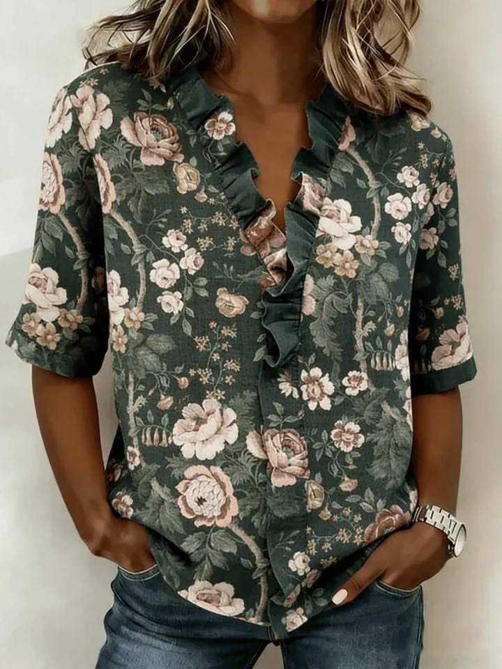 New Arrivals🔥 Women'S Casual Vintage Flower Art Print Printed Linen Cotton Shirt   