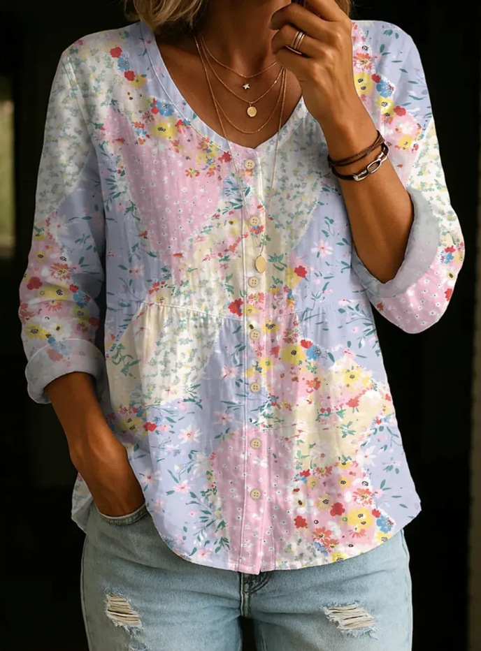 New Arrivals🔥 Women's Vintage Flower Art Print Linen Cotton Shirt