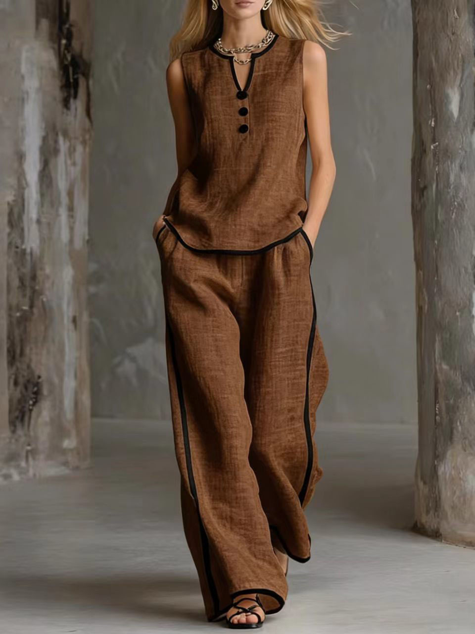 Cozy Black-trimmed Linen And Cotton Sleeveless Top And Pants Two-piece Set