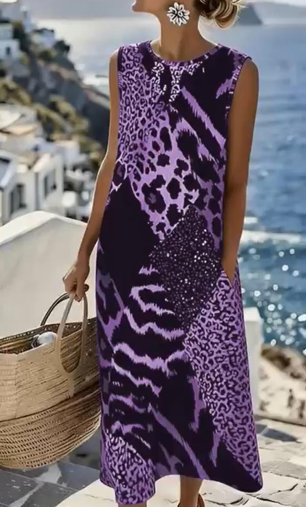 Patchwork Leopard Print Sleeveless Long Dress