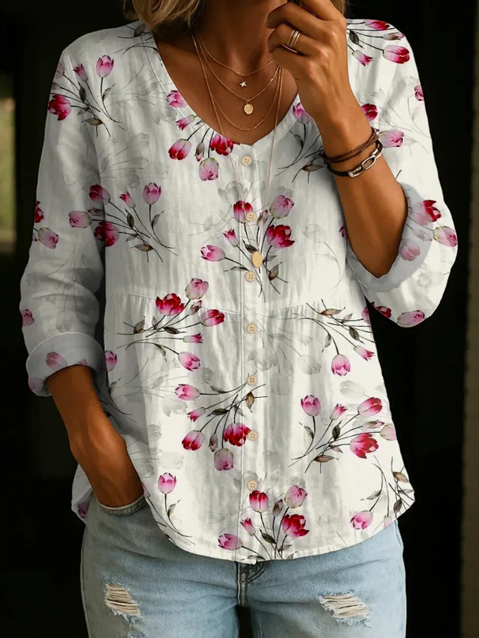 New Arrivals🔥 Women's Vintage Flower Art Print Linen Cotton Shirt