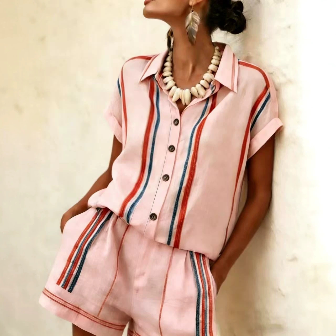  Coastal Striped Linen Short Two-Piece Set
