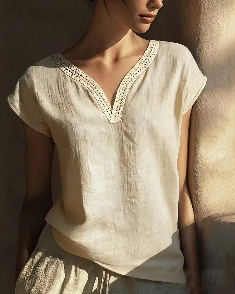 Vintage Lace V-Neck Linen Textured Blouse