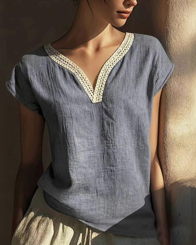 Vintage Lace V-Neck Linen Textured Blouse