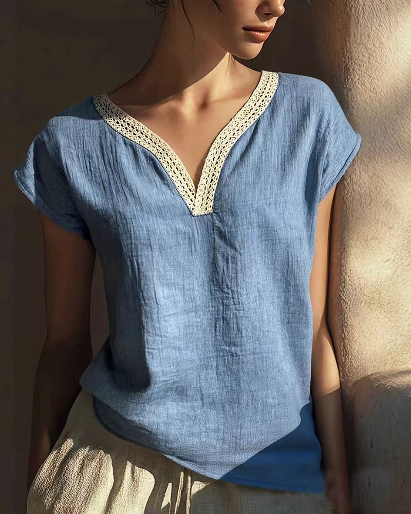 Vintage Lace V-Neck Linen Textured Blouse