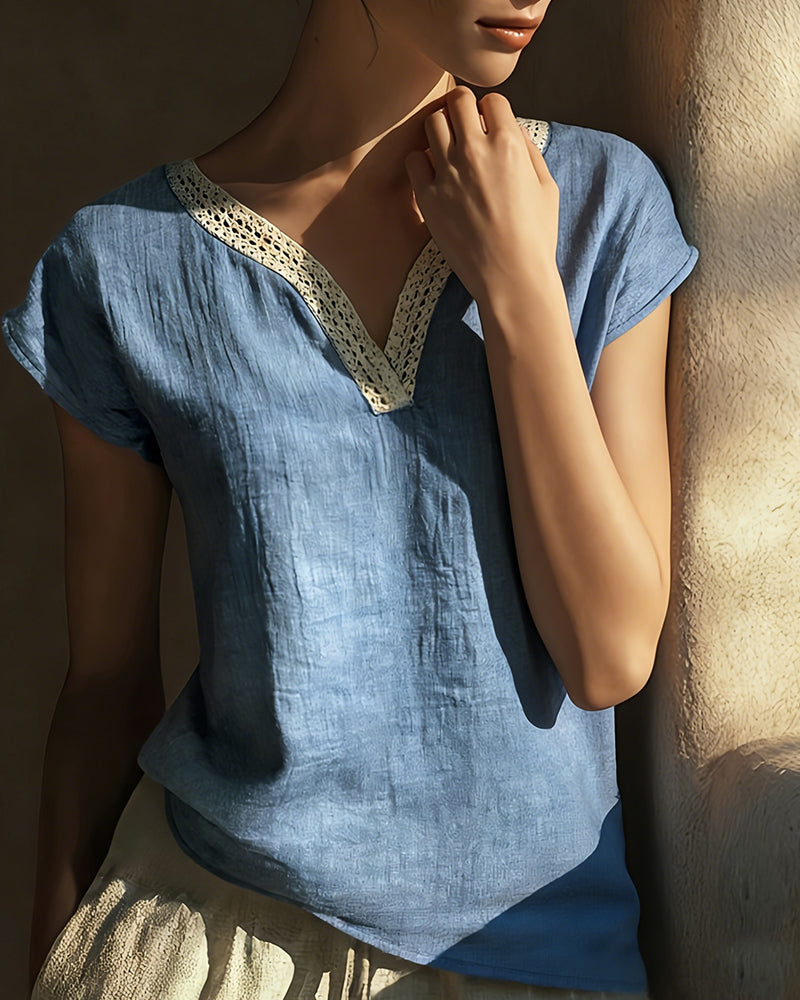 Vintage Lace V-Neck Linen Textured Blouse