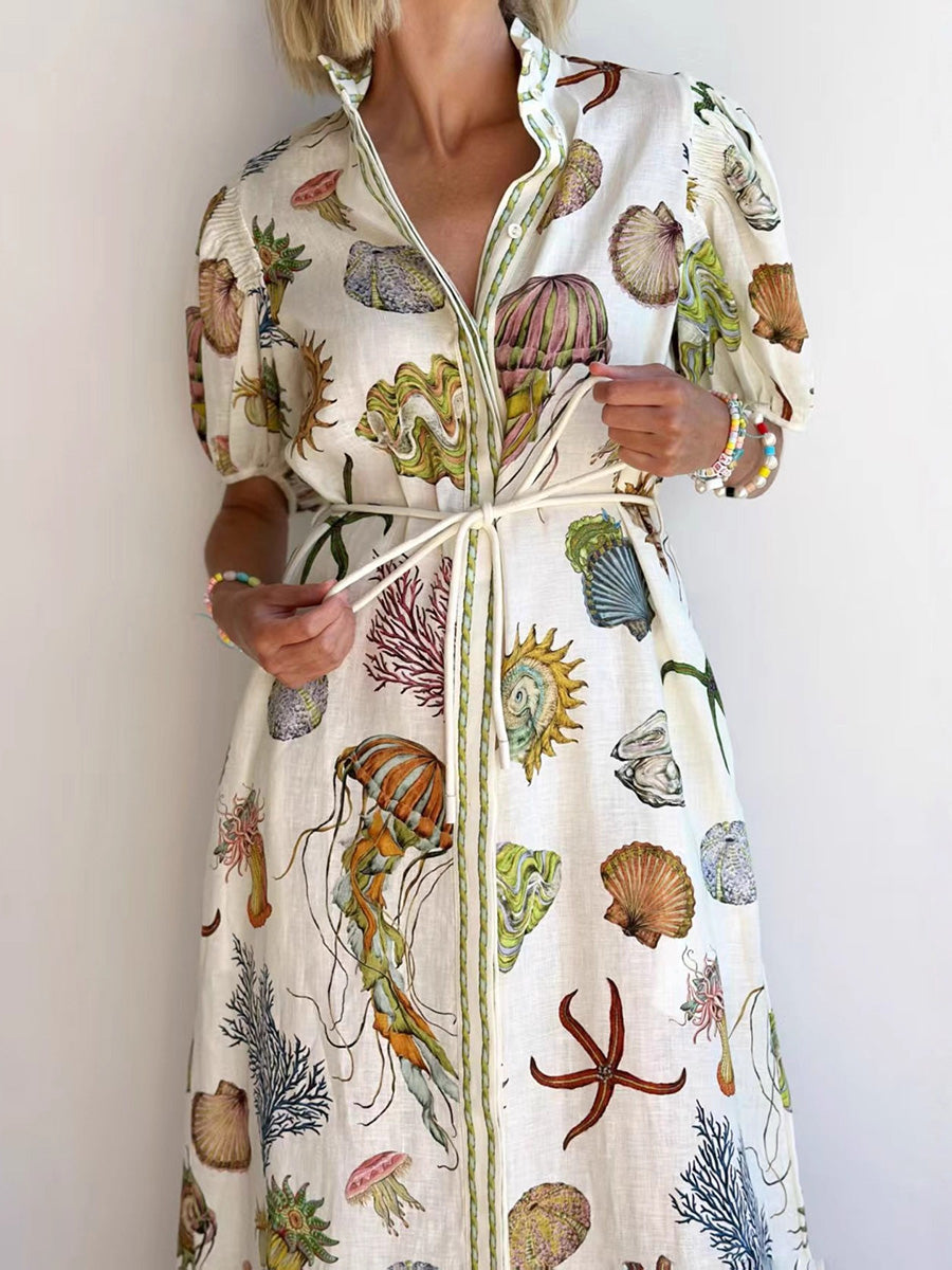 A-Line High Waisted Buttoned Contrast Color Pockets Print Split-Joint Tied Waist Stand Collar Maxi Dresses Shirt Dress