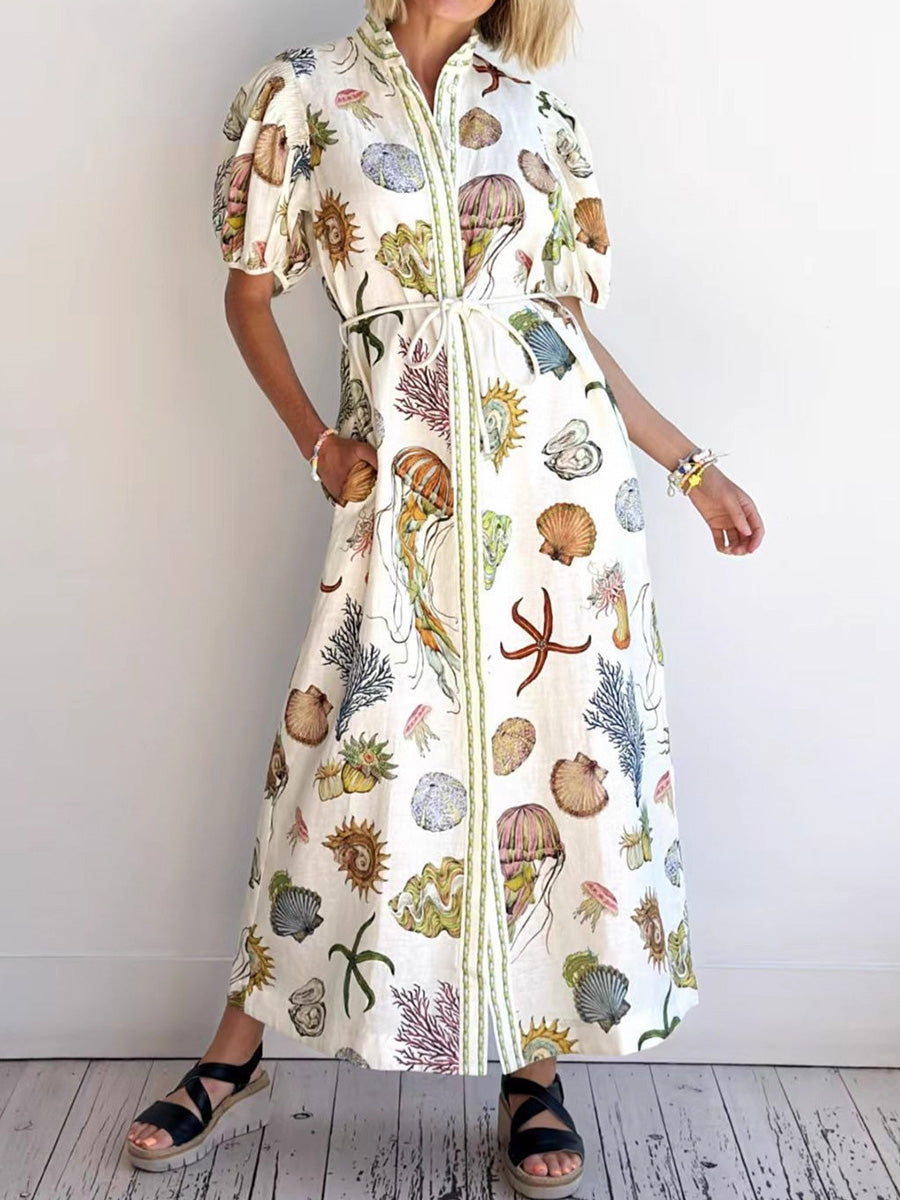 A-Line High Waisted Buttoned Contrast Color Pockets Print Split-Joint Tied Waist Stand Collar Maxi Dresses Shirt Dress