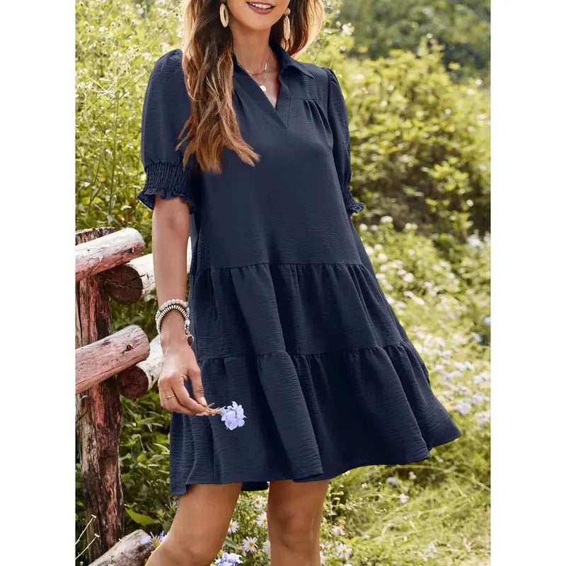 Casual Dresses for Women Lapel Collared V Neck Mid Sleeved Pleated Summer Dresses for Women 2026 Midi Dresses[Buy 2 Free Shipping]