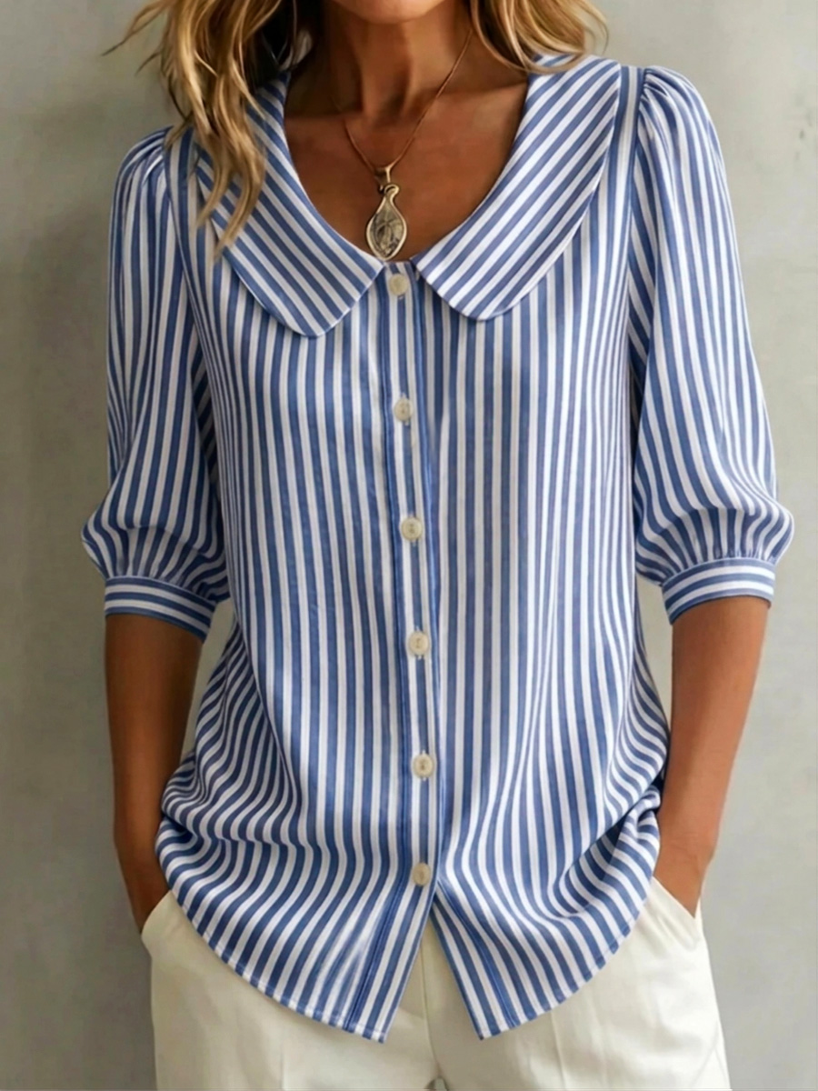 New Arrivals🔥 Women's Retro Peter Pan Collar Striped Cotton Linen Shirt