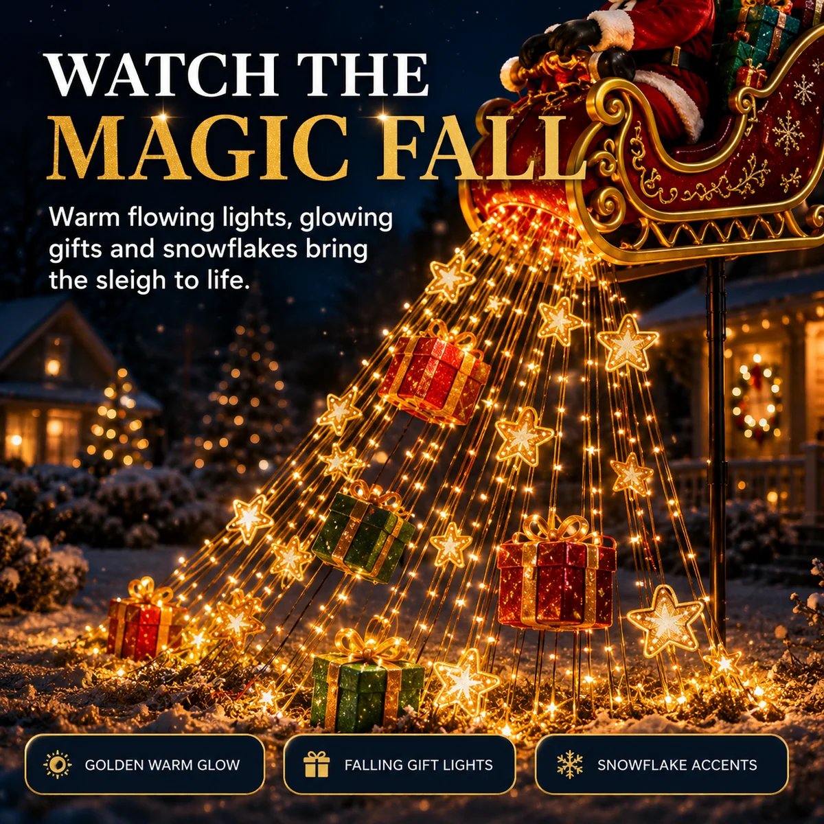 Santa Flying Sleigh Gift Cascade Christmas Garden Light