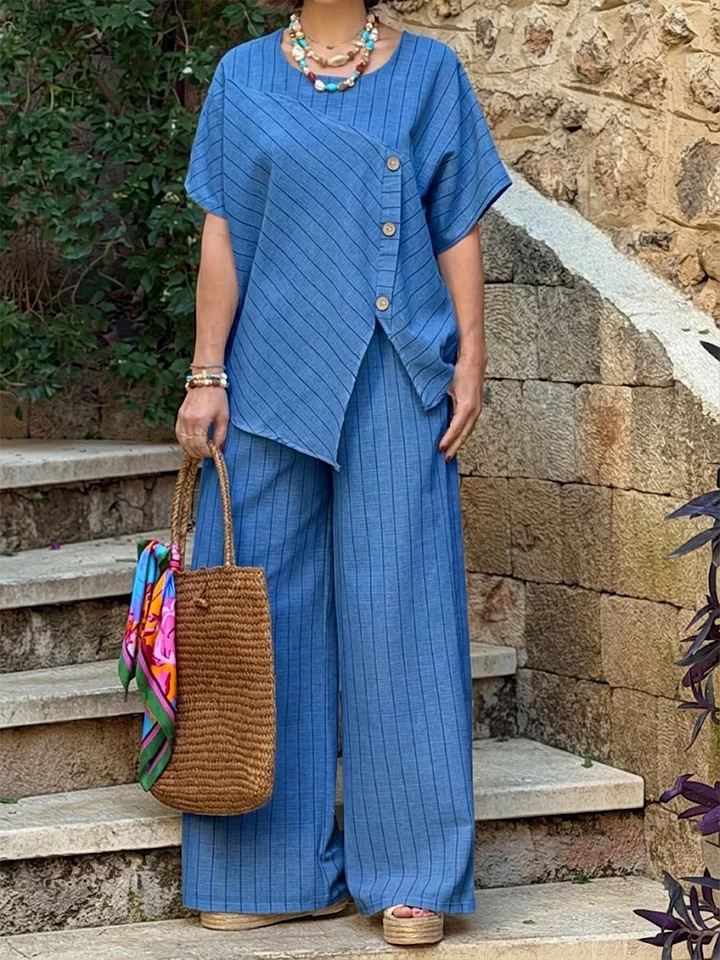 Striped Three-Quarter Sleeve Shirt and Loose Pants Two-Piece Set – front view on model