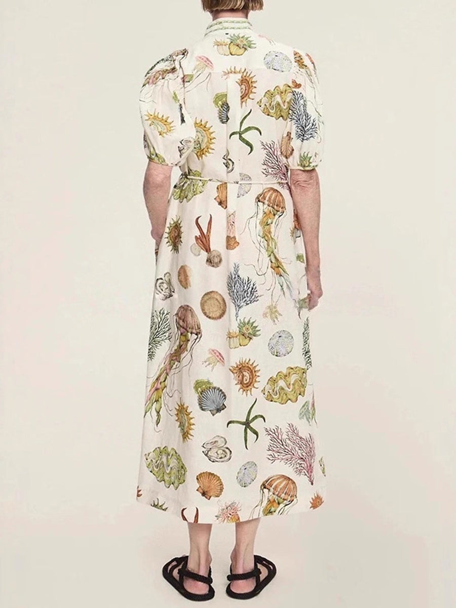 A-Line High Waisted Buttoned Contrast Color Pockets Print Split-Joint Tied Waist Stand Collar Maxi Dresses Shirt Dress