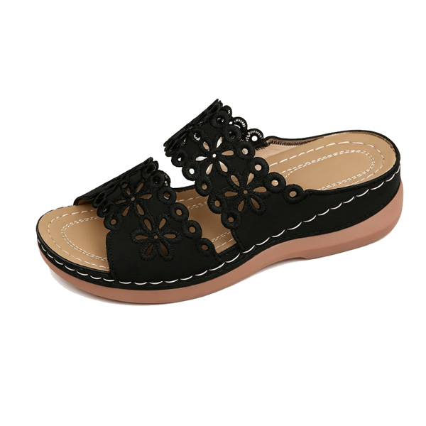 Hollow Embroidery Platform Slides with Built-In Arch Support & Slip On Convenience