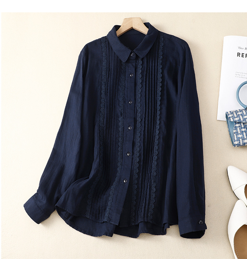 Women's Patchwork Lace Trim Linen And Cotton Pleated Shirt
