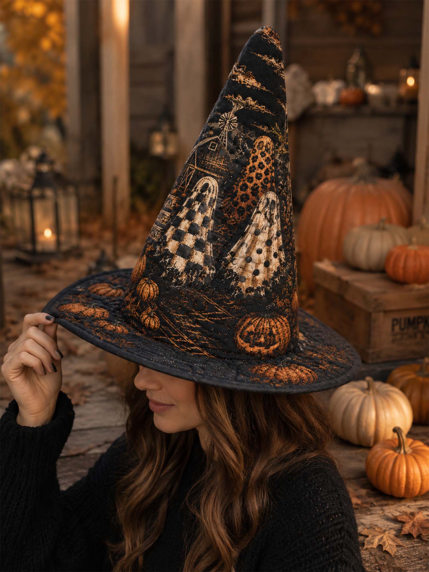 Gothic Halloween Haunted Pumpkin Handcrafted Quilted Witch Hat