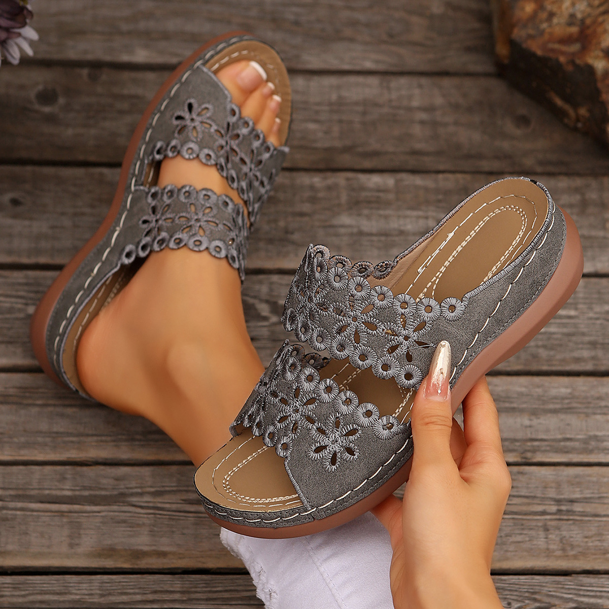 Hollow Embroidery Platform Slides with Built-In Arch Support & Slip On Convenience