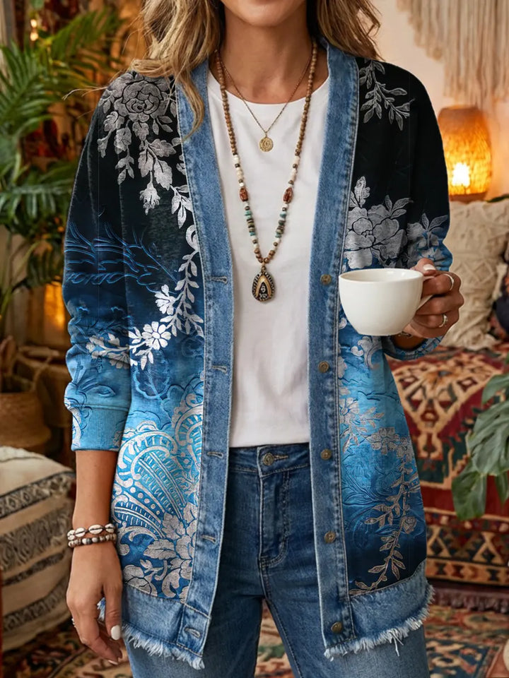 Clearance Sale! 🔥 Women's elegant, slim-fitting denim jacket with vintage floral pattern.