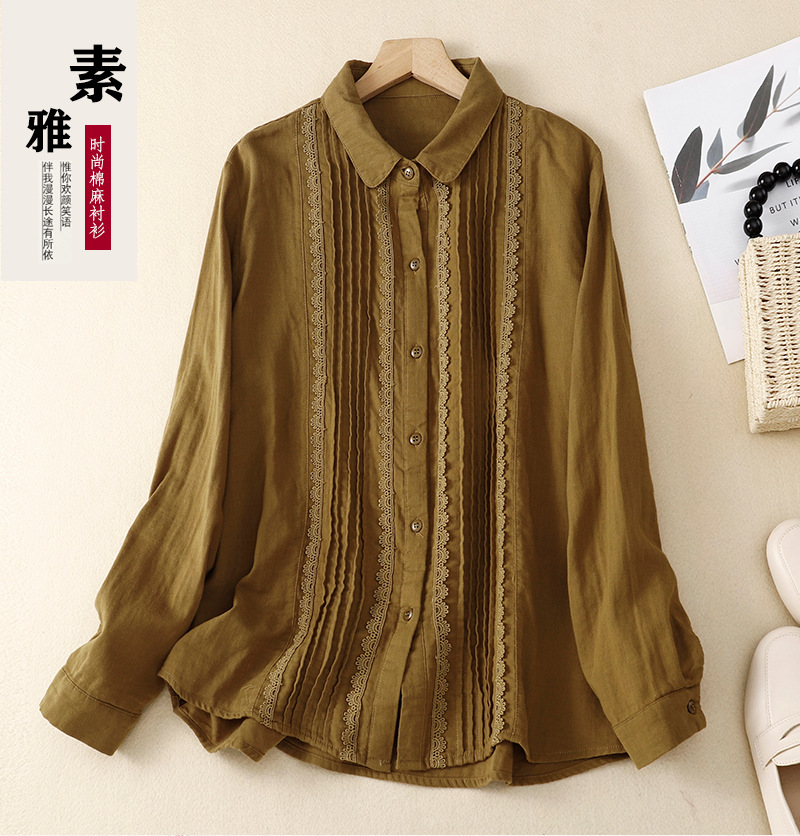 Women's Patchwork Lace Trim Linen And Cotton Pleated Shirt
