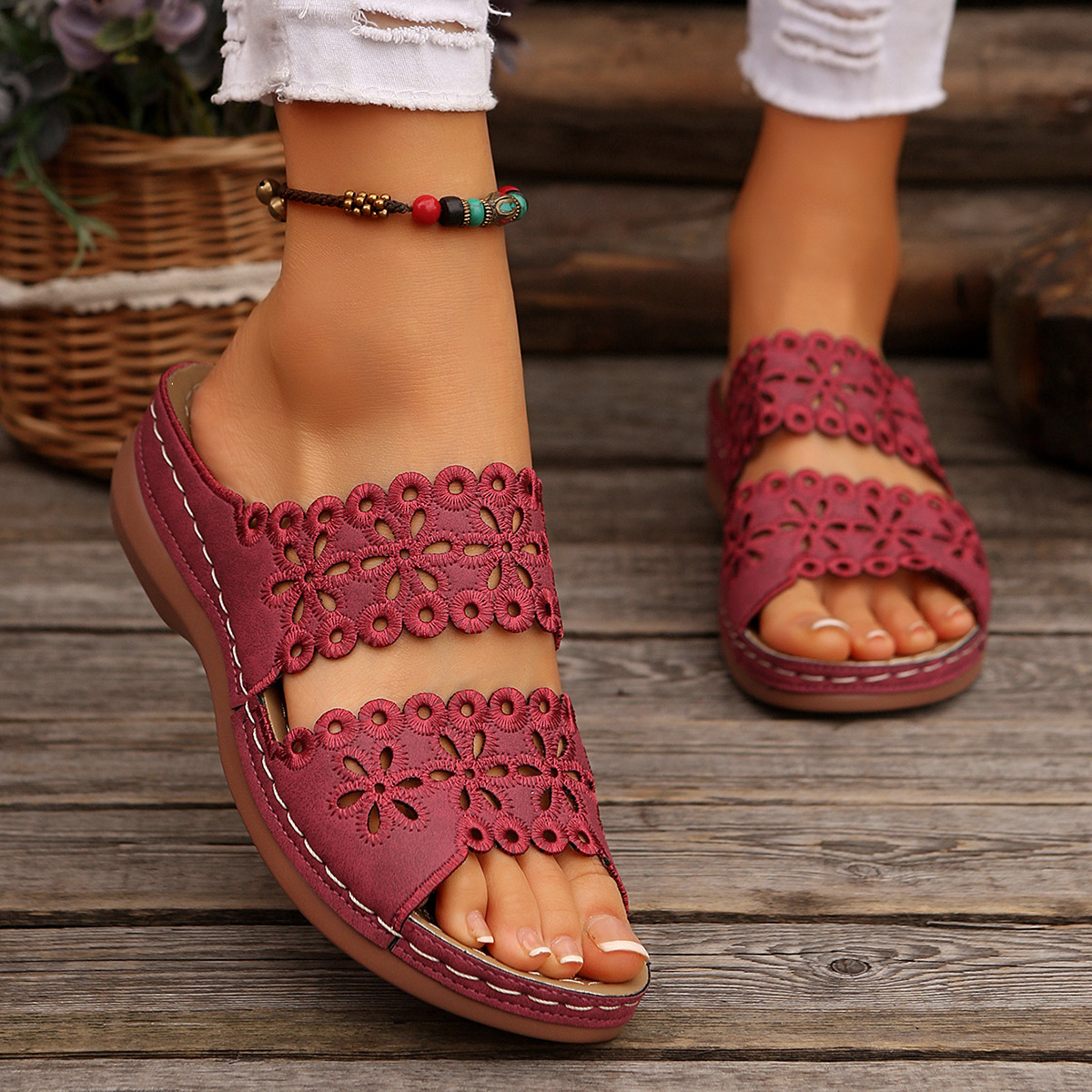 Hollow Embroidery Platform Slides with Built-In Arch Support & Slip On Convenience