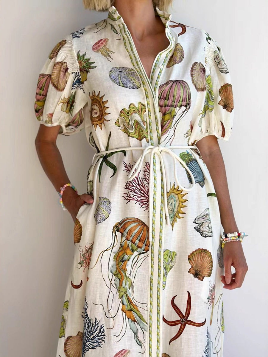 A-Line High Waisted Buttoned Contrast Color Pockets Print Split-Joint Tied Waist Stand Collar Maxi Dresses Shirt Dress