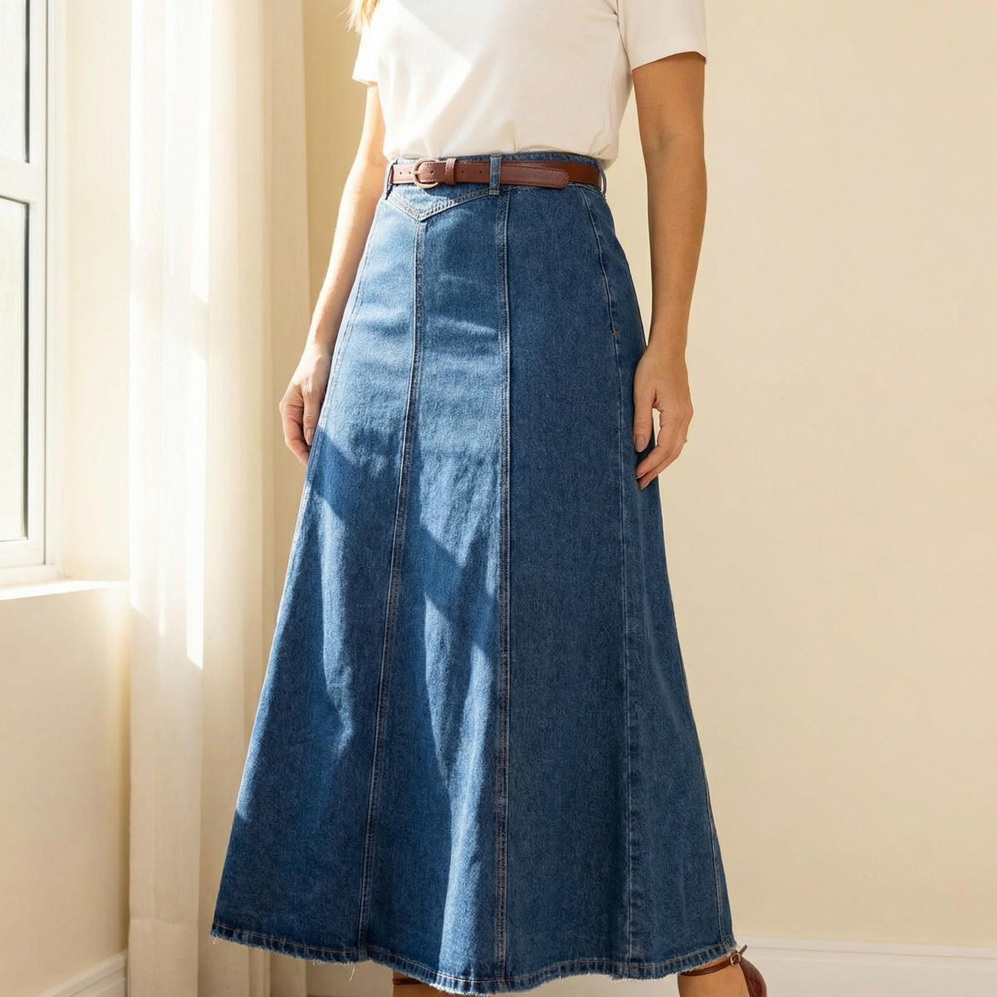 Flattering High Waist Denim Maxi Skirt
