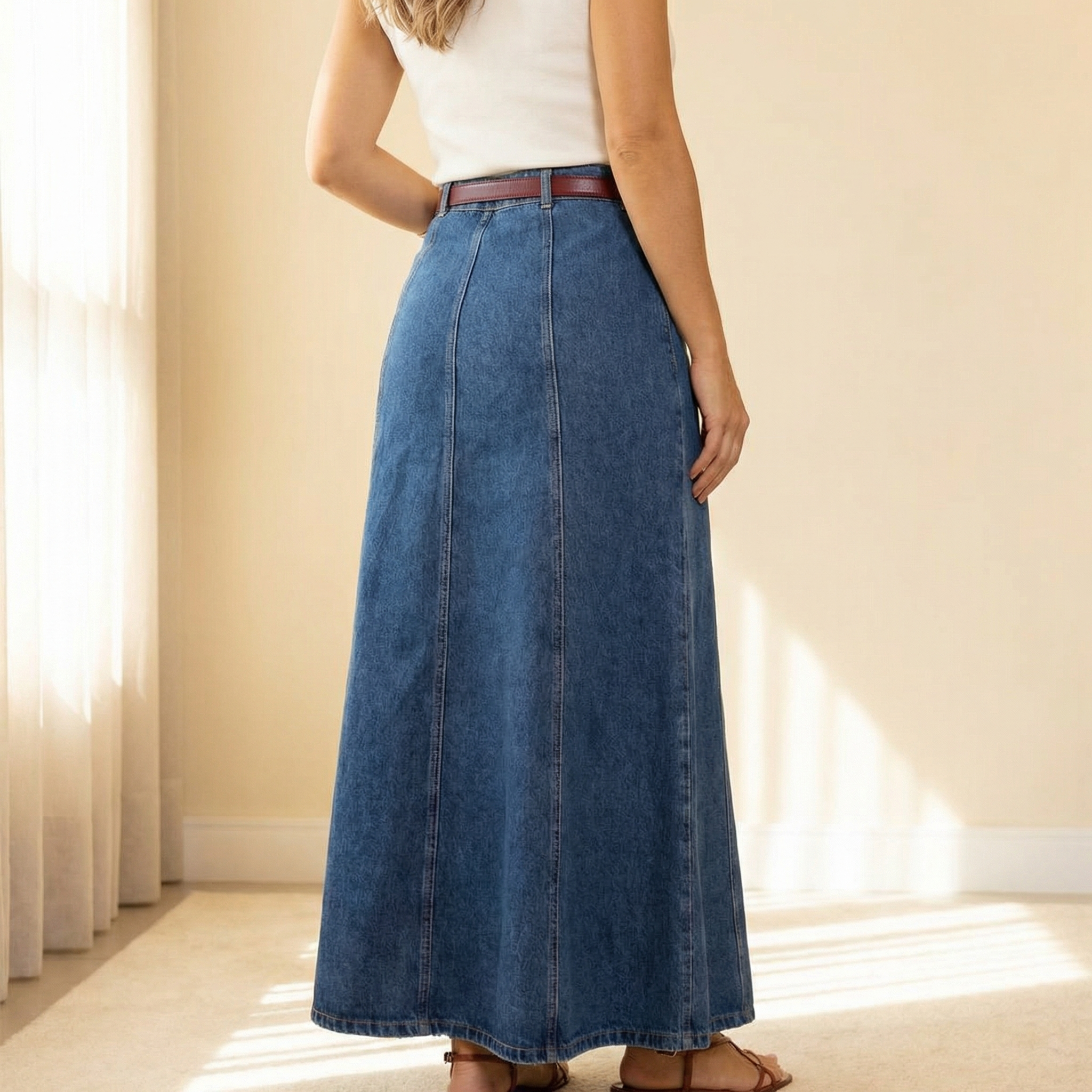 Flattering High Waist Denim Maxi Skirt